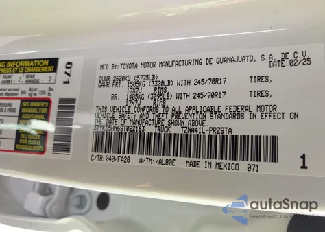 2025 Toyota Tacoma Sr 2Wd из США, поврежденный, VIN 3TYKD5HN6ST022163